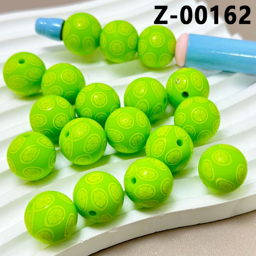 Green Round Printed Lemon Slice Silicone Beads 15mm, Number Z-00162