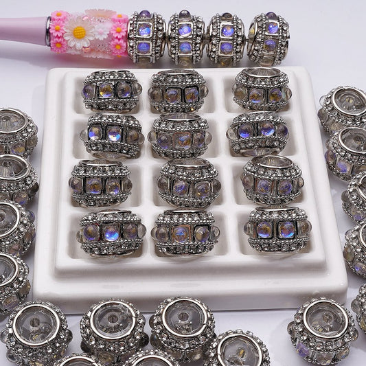 Round Acrylic Beads with Cat Eye Finish, Clear Rhinestones & Silver Alloy Loops 20MM Embellishment Chains