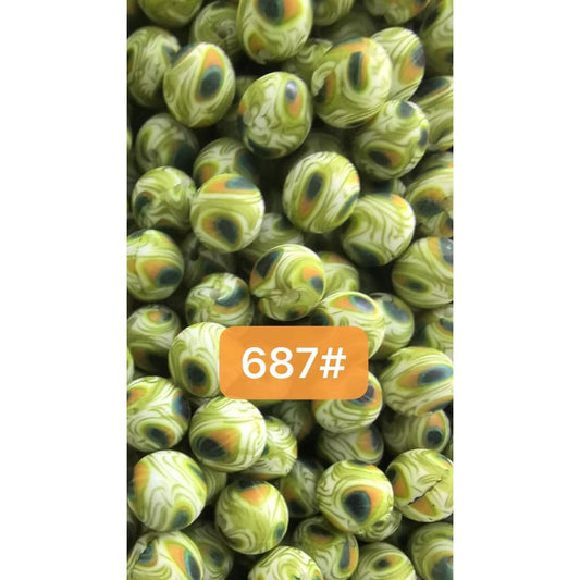 Round Printed Green Peacock Silicone Beads, 15mm, Number 687
