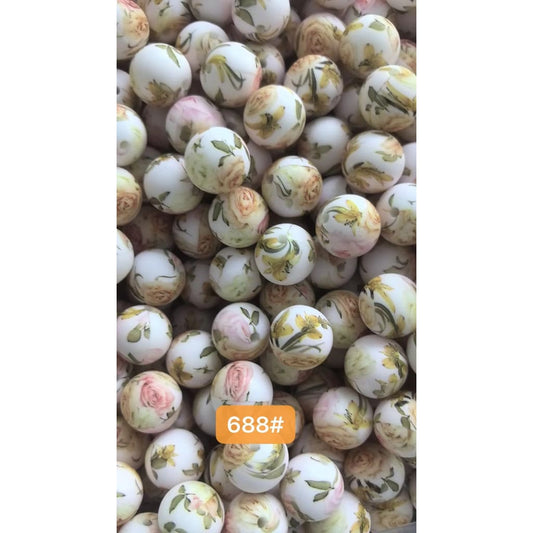 Round Elegant Rose Flower Plant Printed Silicone Beads, 15mm, Number 688