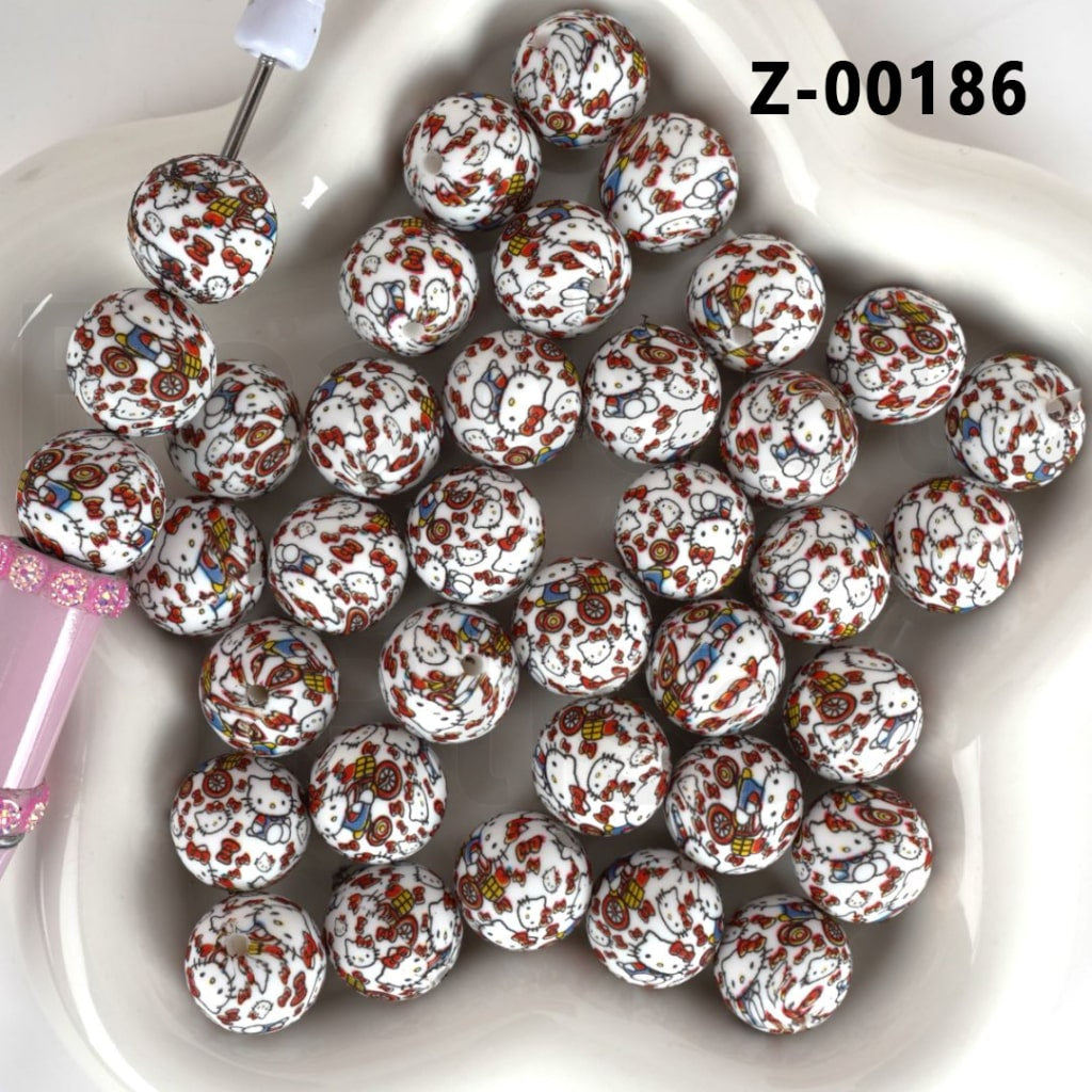 Round Cute Cat & Adorable Character Round Printed Silicone Beads 15mm Number Z-00186