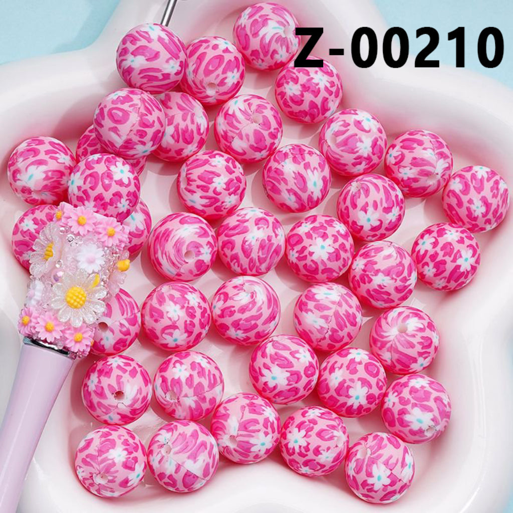 Red Spots White Flowers Printed Silicone Beads 15MM, Number Z-00210