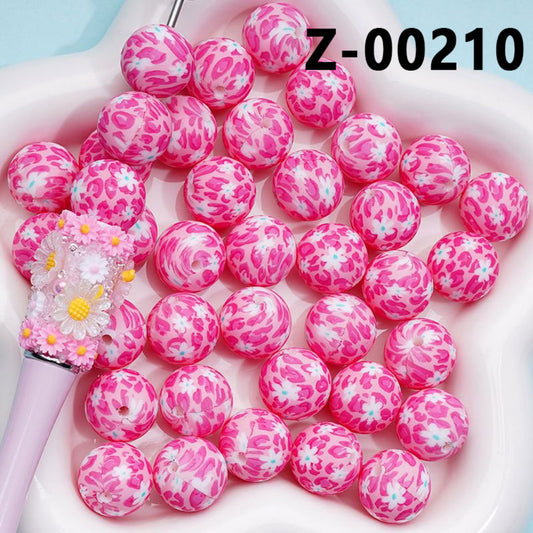 Red Spots White Flowers Printed Silicone Beads 15MM, Number Z-00210