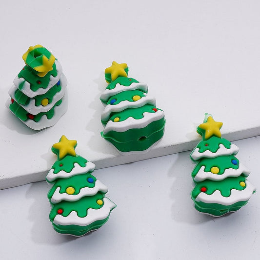 3D Yellow Stars with Green Christmas Trees Silicone Focal Beads
