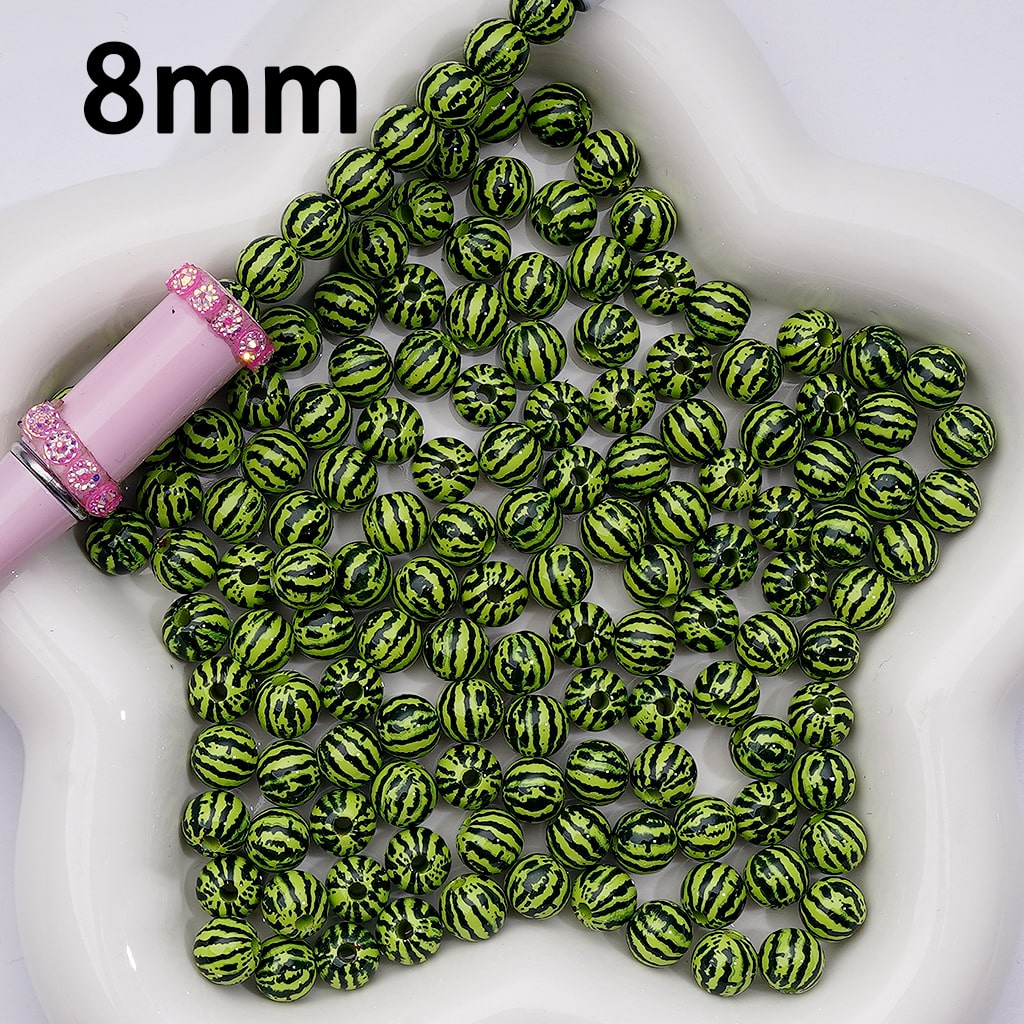 Green Watermelon Print Clear Coated Design Round Acrylic Waist Beads for Jewelry Making 8MM
