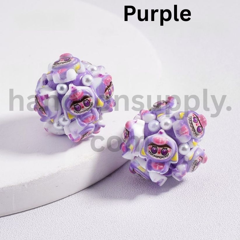 Labubu Monster Faces Pop Mar with White Pearl Accents, Clay Beads Multi-Color 20mm