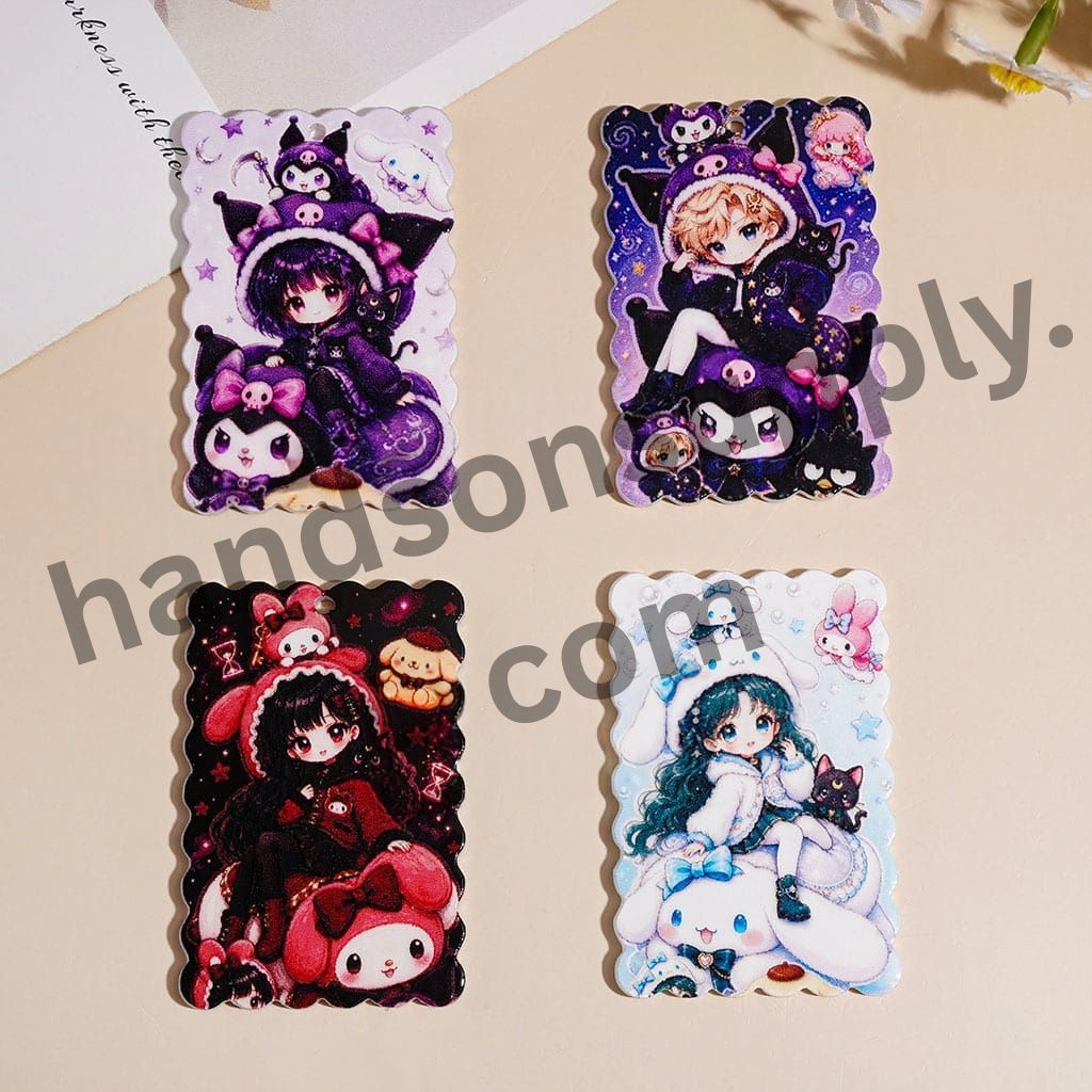 Anime Style Cute Girl with Dog & Bunny Winter Outfit, Wavy Edge Flat Rectangle Shape Acrylic Pendants, 59*39MM, Random Mix