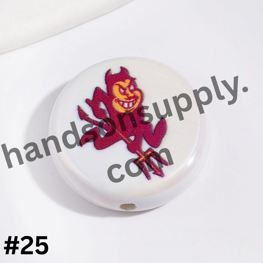 UV-Coated American College Sports Football Team Logo Series Flat Round Acrylic Beads, 23MM