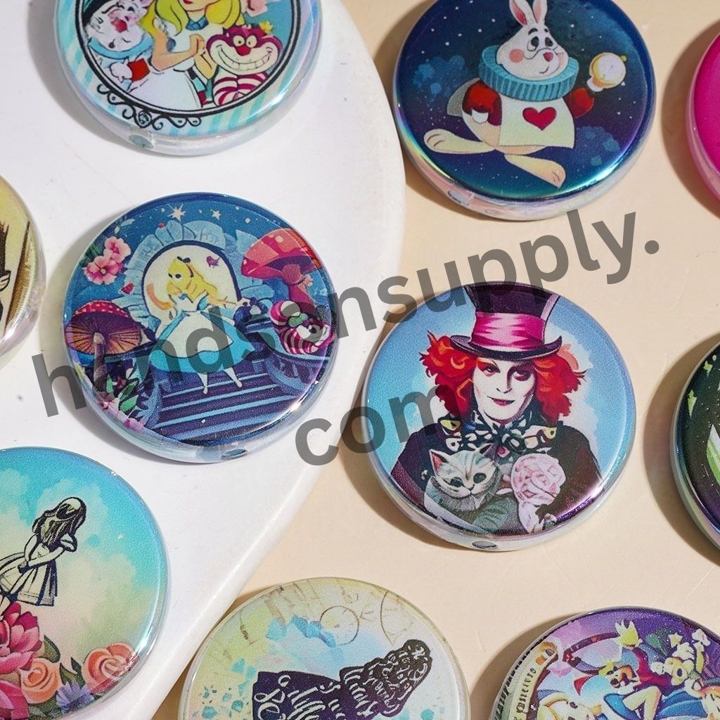 UV-Coated Whimsical Girl in Rabbit Hole Fantasy World Flat Round Shape Acrylic Beads, 31MM, Random Mix