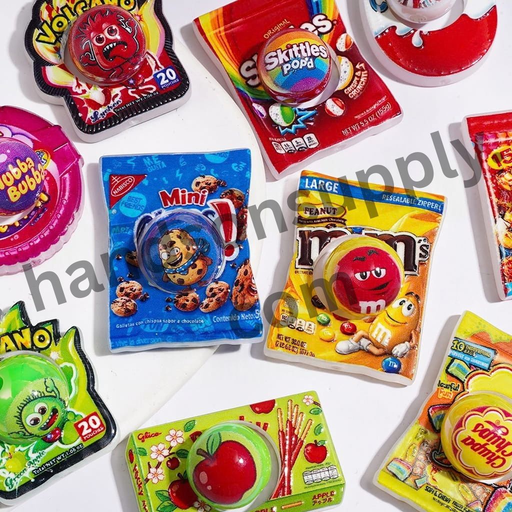 UV-Coated Sweet Snack Candy Series Printed Hollowed Candy Bag & Round Acrylic Beads, Random Mix (1 Set=2 Pieces)