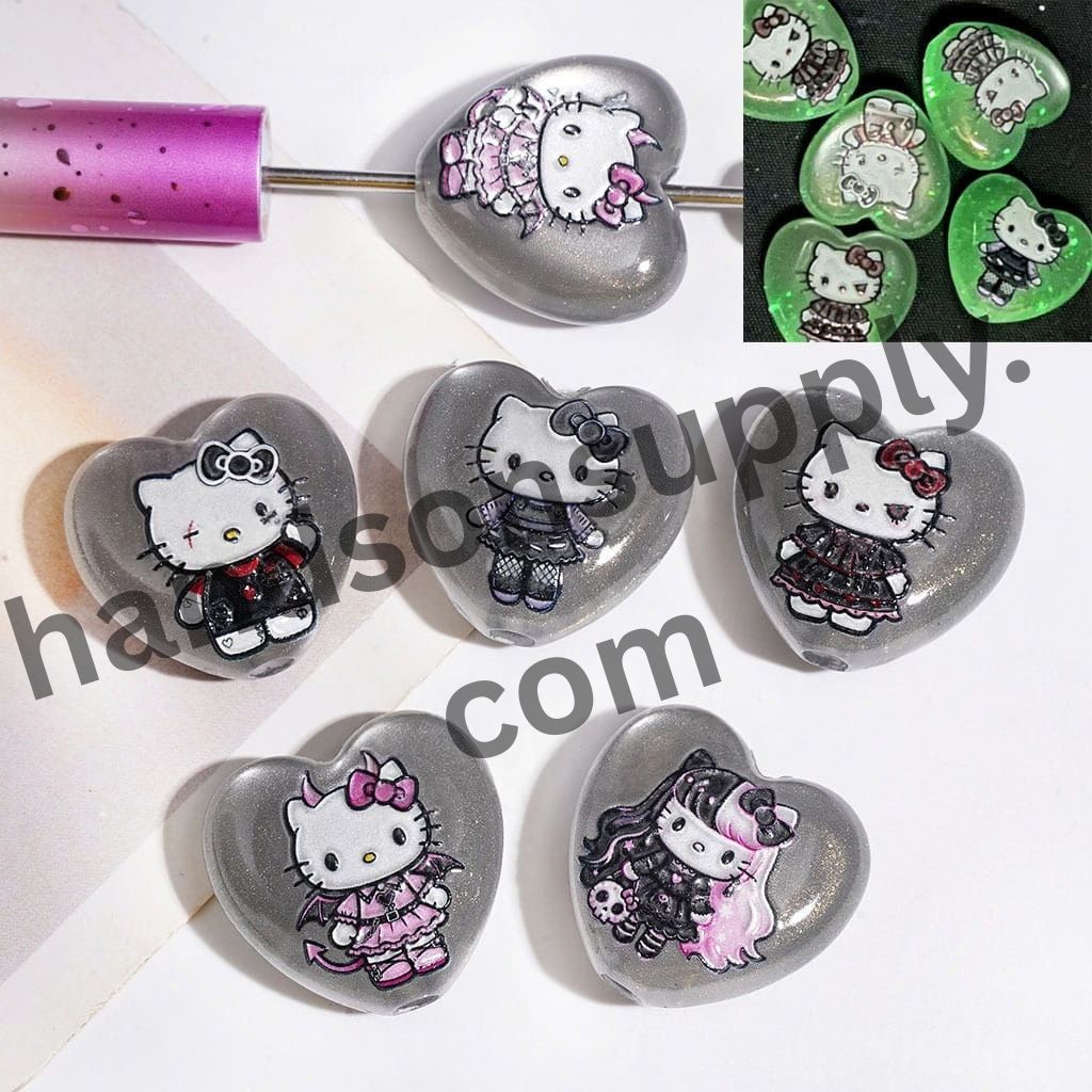 Luminous Cute Cat Character with Glitter Heart Dark Romantic Acrylic Beads, 23*24MM, Random Mix