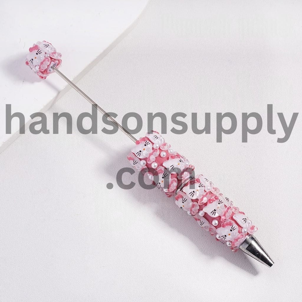 Cute Cat Character Wearing Skirt with Bowtie on Head and White Pearls Beadable Clay Pen Random Mix