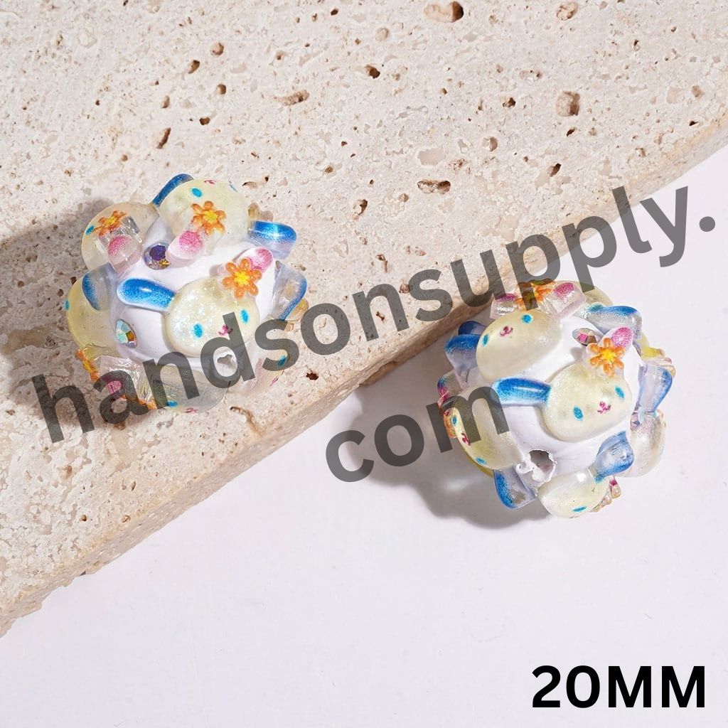 Cute Japanese Charming Sakura Bunny Head with Sparkling Glitter & AB Rhinestones Clay Beads, 20MM