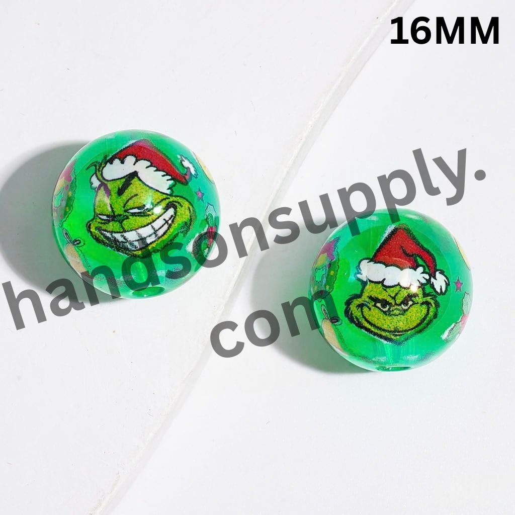Dark Green Christmas Character Face with Candy Cane, Wreath, Stocking, Ball & Gift Box Printed Round Acrylic Beads for Bracelets, 16MM, Random Mix