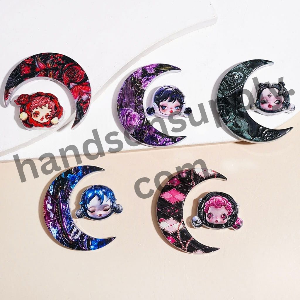 Spooky Gothic Baby Girl Doll & Rose Flower Prints Crescent Moon & Doll Head Collection Set Acrylic Beads, Random Mix