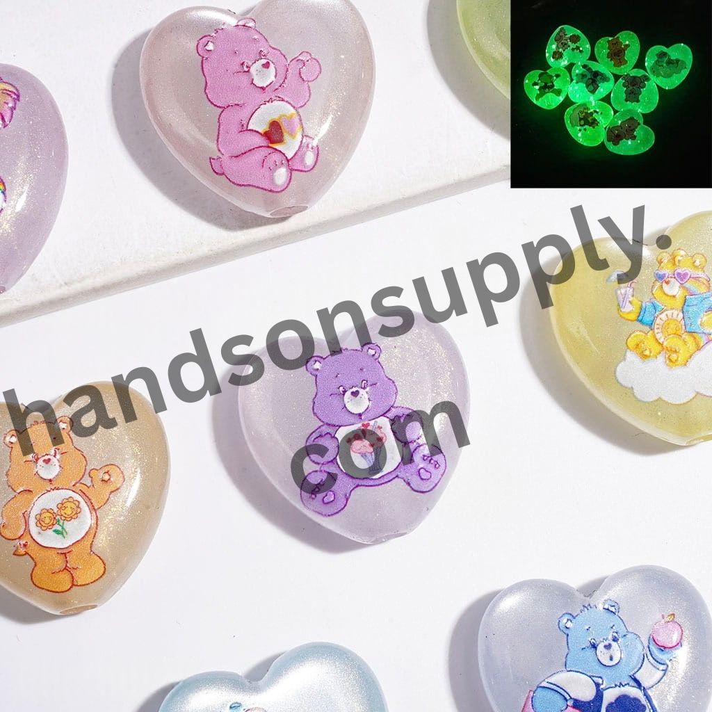 Luminous Rainbow Bear Character with Glitter Heart-Shaped Acrylic Beads, 23*24MM, Multicolor, Random Mix