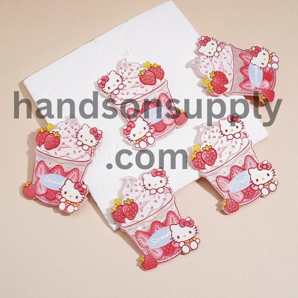 Cute Cat Character with Strawberry Dessert Cup Design Acrylic Charms Pendants, 46*34MM