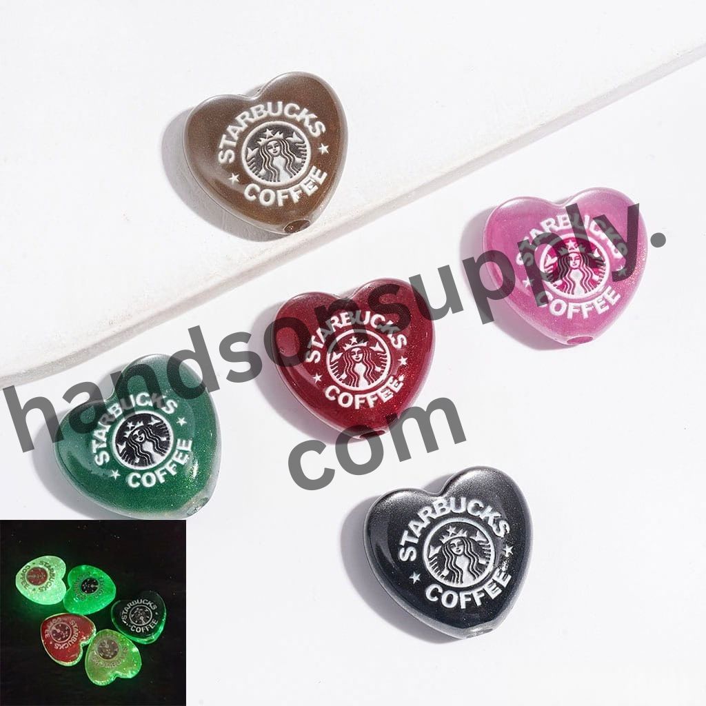 Luminous Radiant Cat-Eye Heart with Coffee Girl Print & Shiny Gold Glitter Acrylic Beads, 24*23MM, Multicolor, Random Mix