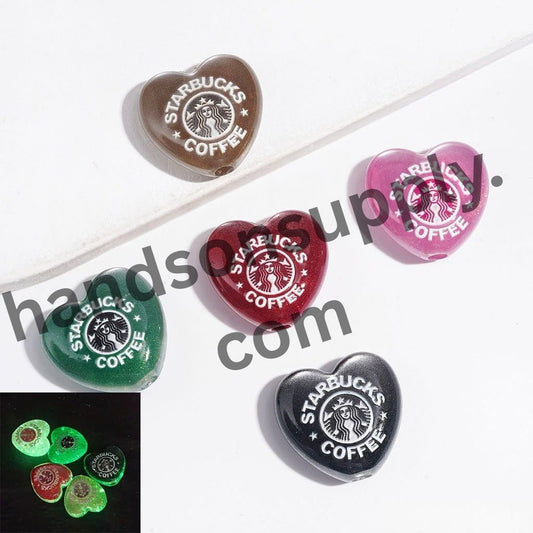 Luminous Radiant Cat-Eye Heart with Coffee Girl Print & Shiny Gold Glitter Acrylic Beads, 24*23MM, Multicolor, Random Mix