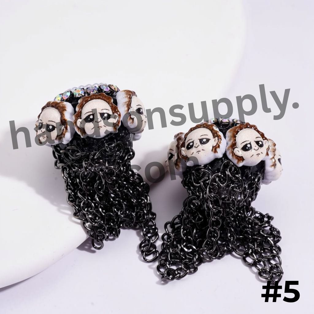 Horror Character with Black Tassel Chains White Pearls & AB Rhinestones Handmade Acrylic Beads