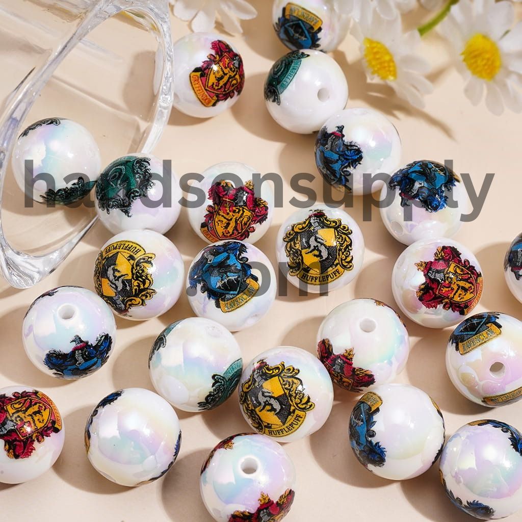 UV Coated Magical House Crest and Fantasy Symbol Series Printed Round Acrylic Beads for Bracelets, 16MM, Random Mix
