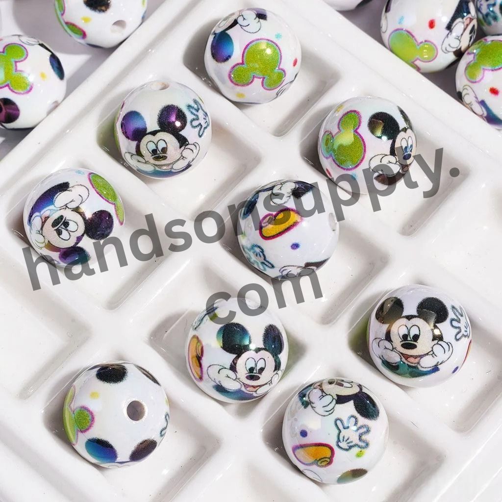 UV-Coated Playful Classic Mouse Character with Shoes, Hand & Head Designs, Printed Round Acrylic Beads, 16MM, Random Mix