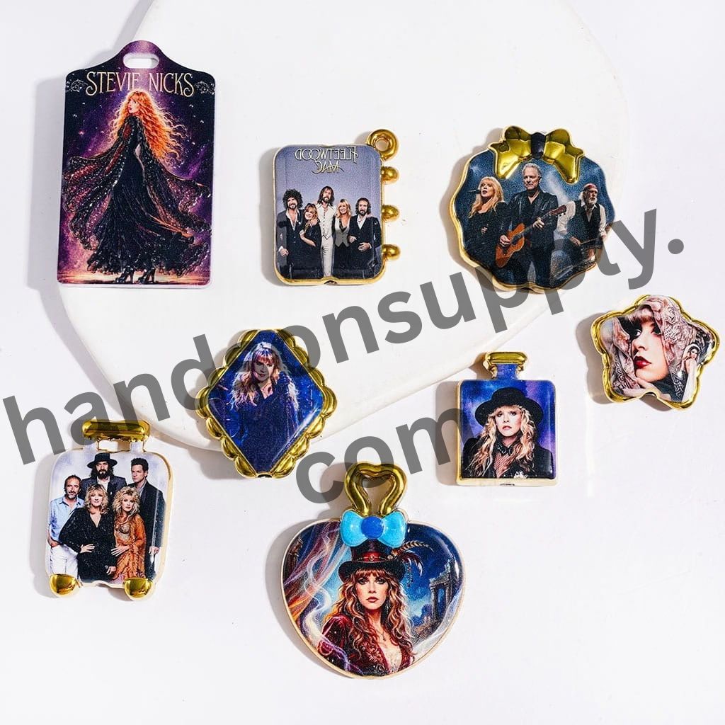 Retro American Rock Band Character Printed Acrylic Beads & Pendants, Elegant Gold Border, Assorted Designs, Random Mix