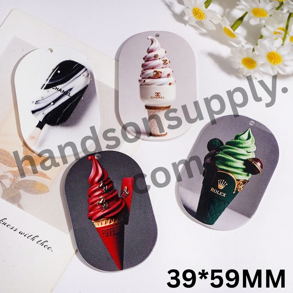 Popular Ice Cream Series Flat Rounded Rectangle Design Acrylic Pendants, 39*59MM, Random Mix