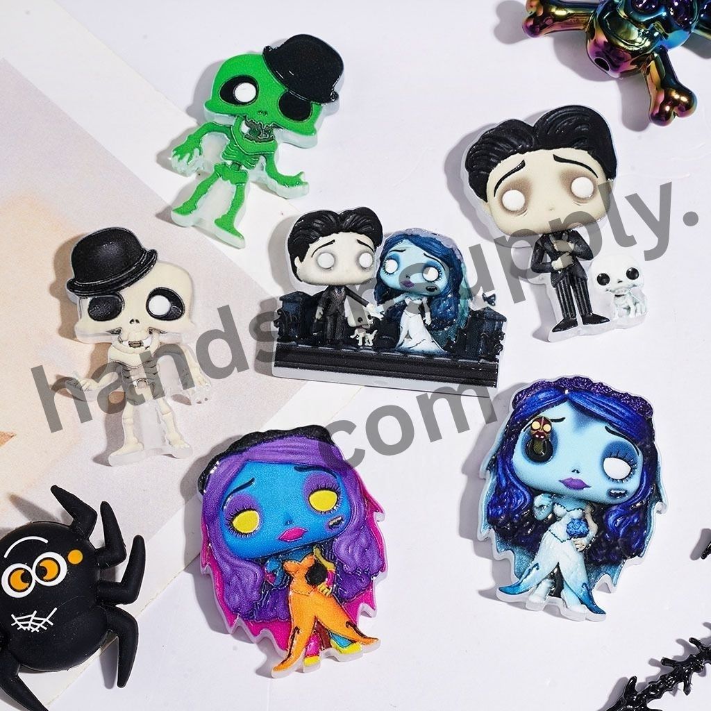 Adorable Spooky Halloween Skull Couple Character Acrylic Beads, Random Mix