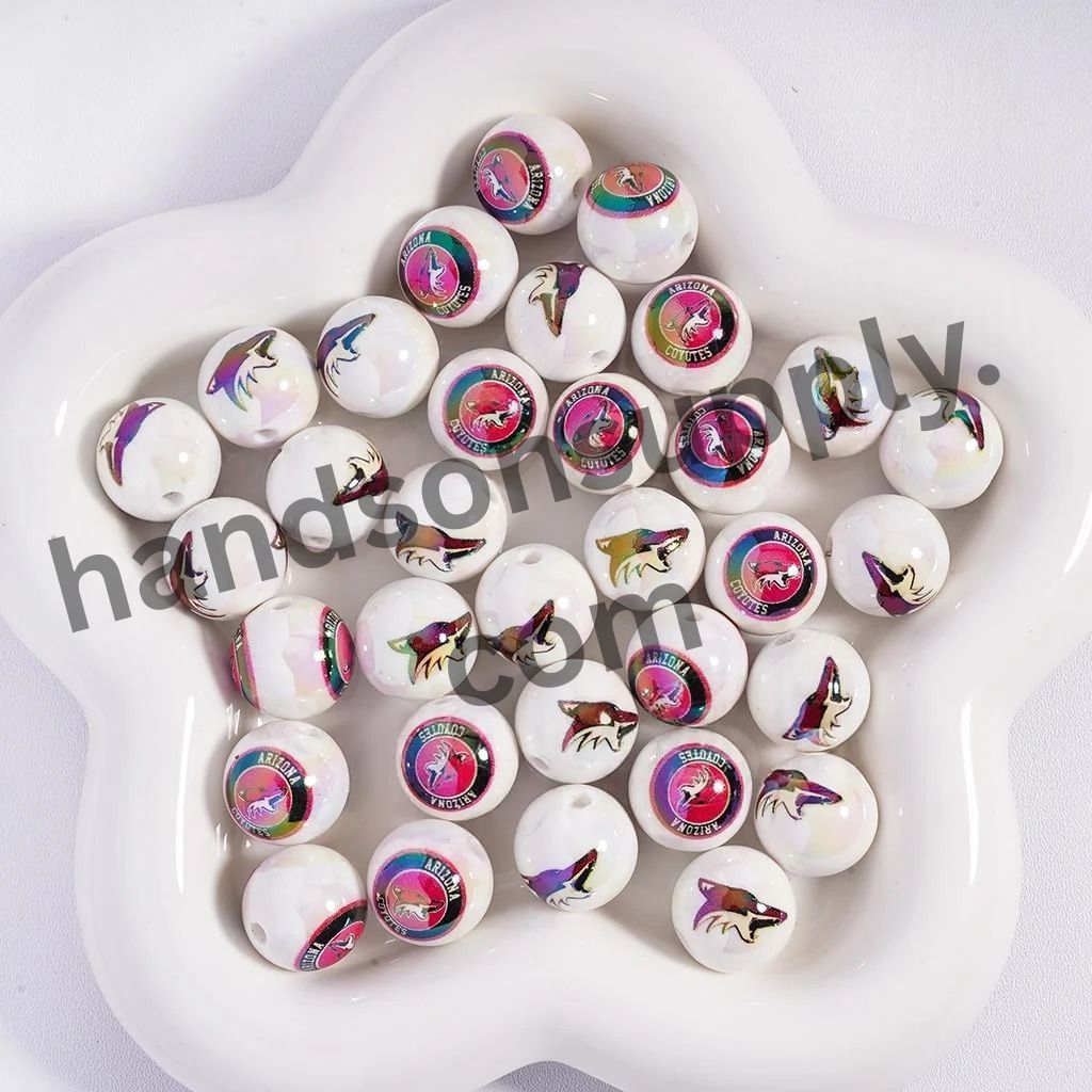 Round with UV Coating Ice Hockey Team Pattern Acrylic Beads for Bracelets, 16MM