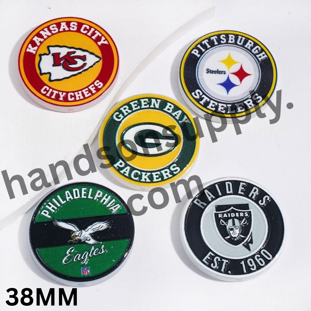 American Football Team Logo Designs Flat Round Acrylic Beads, 38MM, Random Mix