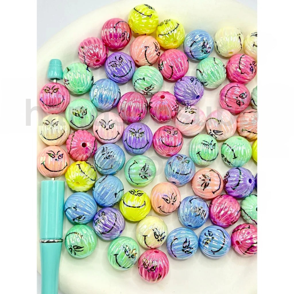 Green Character Face Pumpkin UV Finish Round 16MM Random Mix Acrylic Beads