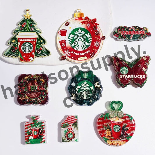 Festive Red & Green Christmas Coffee Theme Crackle Acrylic Beads & Pendant Charms, Random Mix