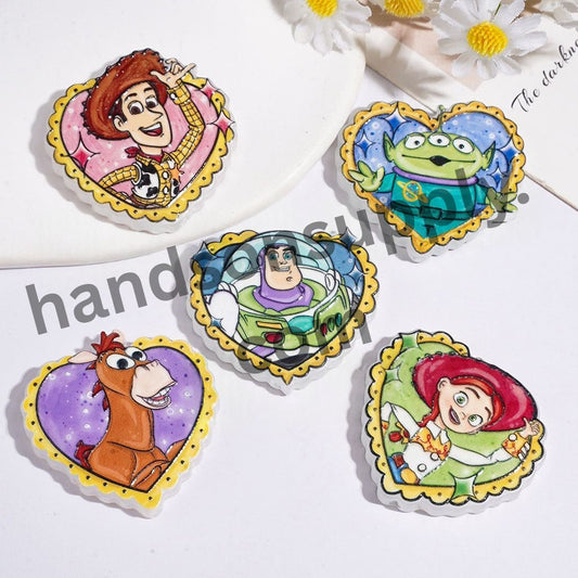 Sweet Heart-Shaped Toy Adventure Character Prints Acrylic Beads, Assorted Designs, Random Mix