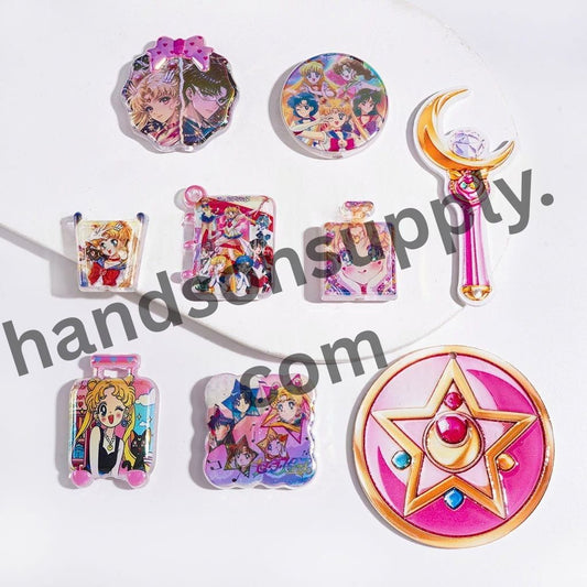 UV-Coated Mystical Magical Girl Guardian Character Semi-Clear Acrylic Beads & Pendants, Random Mix