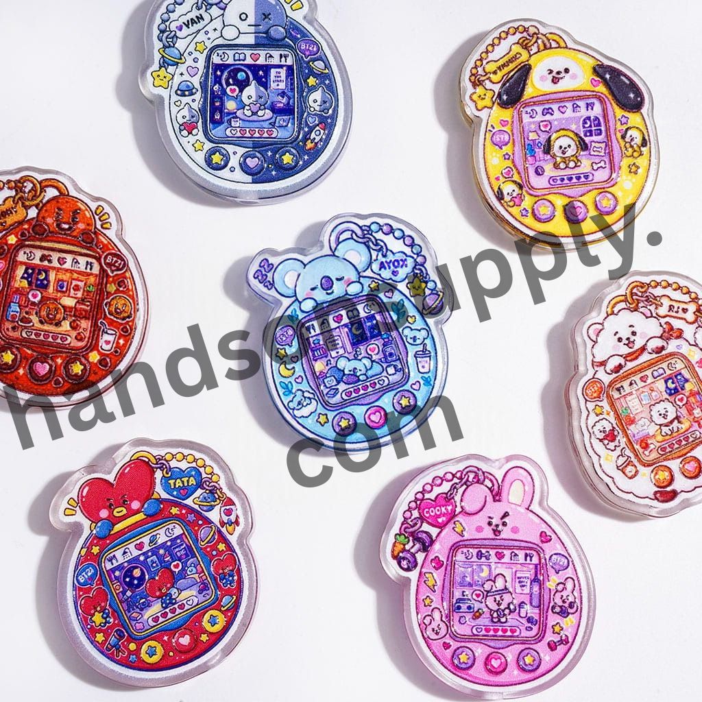 Retro K-Pop Boy Group and Animal Character Images on Tamagotchi-Shaped Acrylic Beads, Random Mix