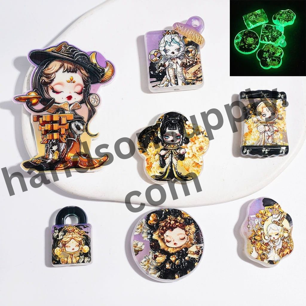 Luminous Dark Fantasy Gothic Girl Doll Character Series Acrylic Beads and Pendants, Yellow Style, Random Mix