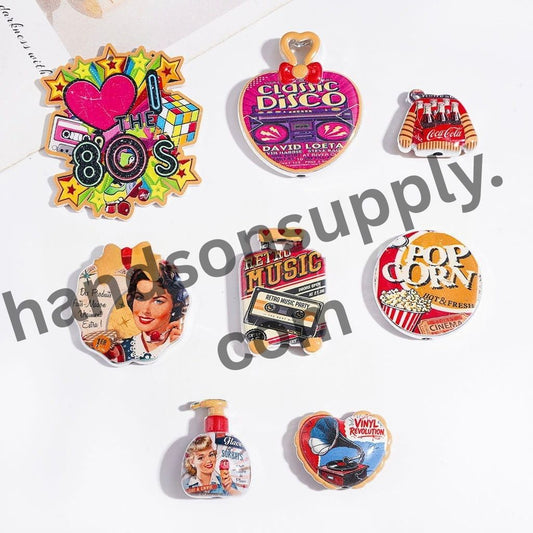 Vintage Pop Culture Collection with Soda, Disco, Cassette Tape, Popcorn & Record Player Designs, Silver-Bordered Acrylic Beads & Pendants, Random Mix