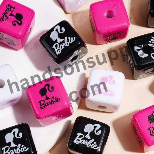 Barbie Pink Fashion Doll Print Cube Square Shape Acrylic Beads, 14*14MM, Pink White & Black, Random Mix