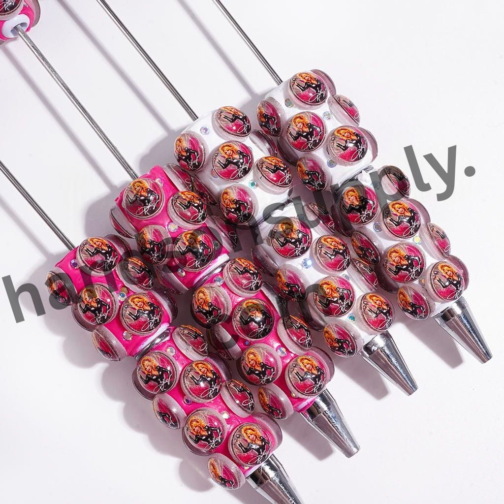 Retro American Country Singer Character Printed Rounded Design with Sparkling AB Rhinestones on a Rose Pink and White Background Beadable Clay Pens
