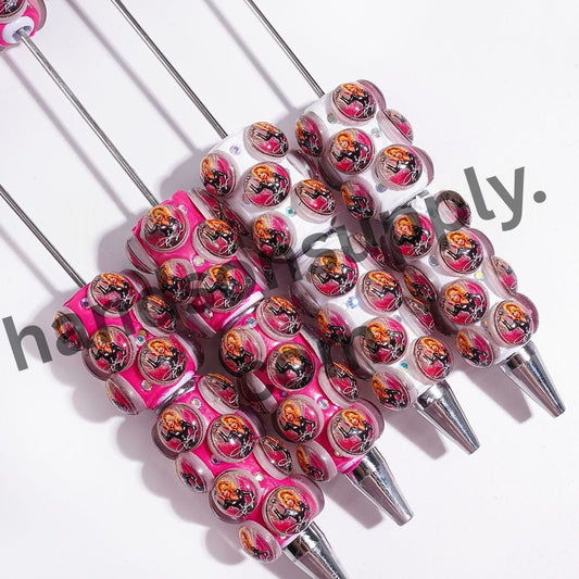 Retro American Country Singer Character Printed Rounded Design with Sparkling AB Rhinestones on a Rose Pink and White Background Beadable Clay Pens