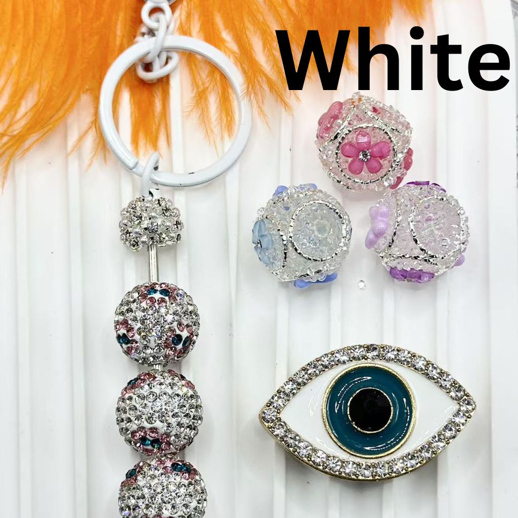 DIY Beadable Metal Keychains with Bar, White Pearls & Colorful Rhinestones, Total Length Around 145MM