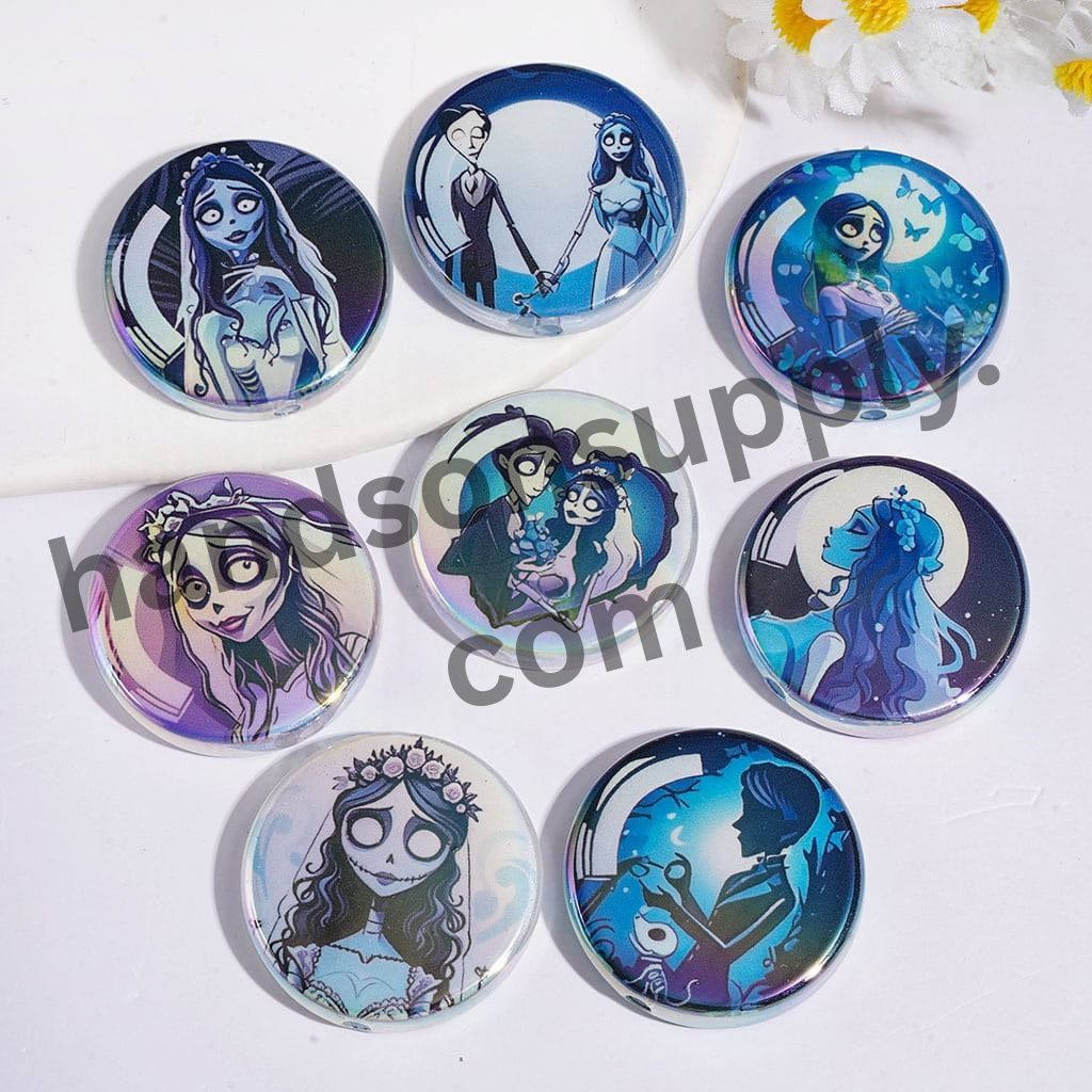 UV-Coated Spooky Skull Couple Character Series Halloween Theme Acrylic Beads, 31MM, Flat Round Shape, Random Mix