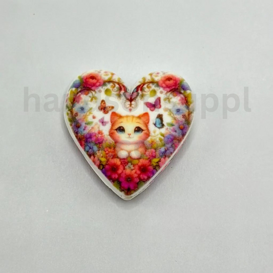 Cute Kitten with Colorful Butterflies and Flowers Heart Shape Silicone Focal Beads