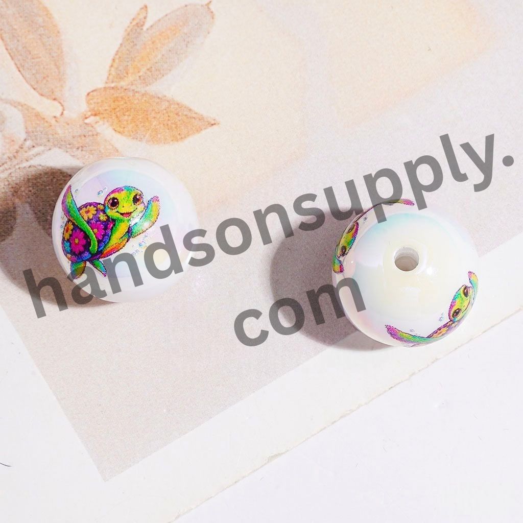 UV-Coated Colorful Flower & Hawksbill Turtle Character Printed Round Acrylic Beads for Bracelets, 16MM