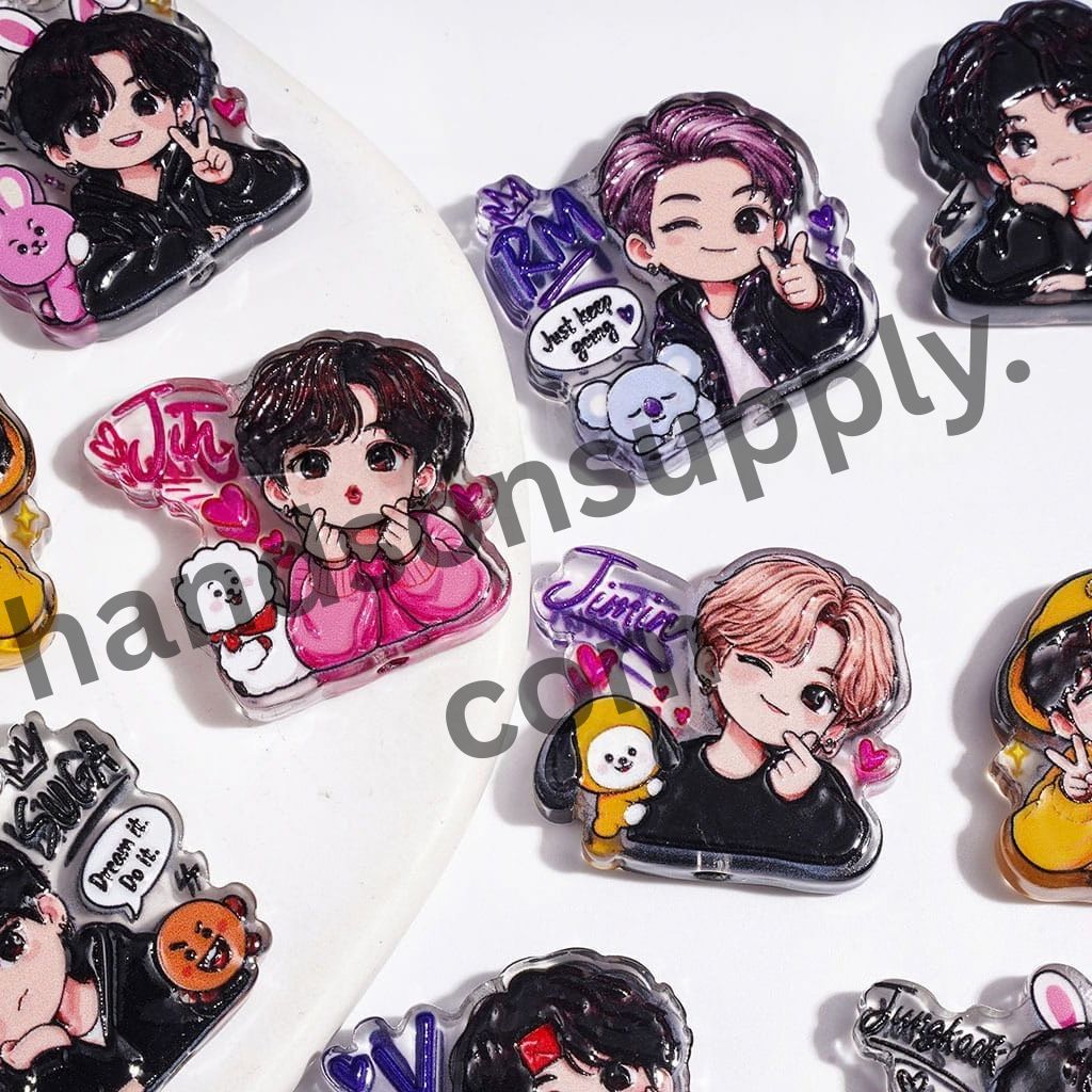 Trendy Korean Boy Group Member Name & Cartoon Image Series Acrylic Beads, Random Mix
