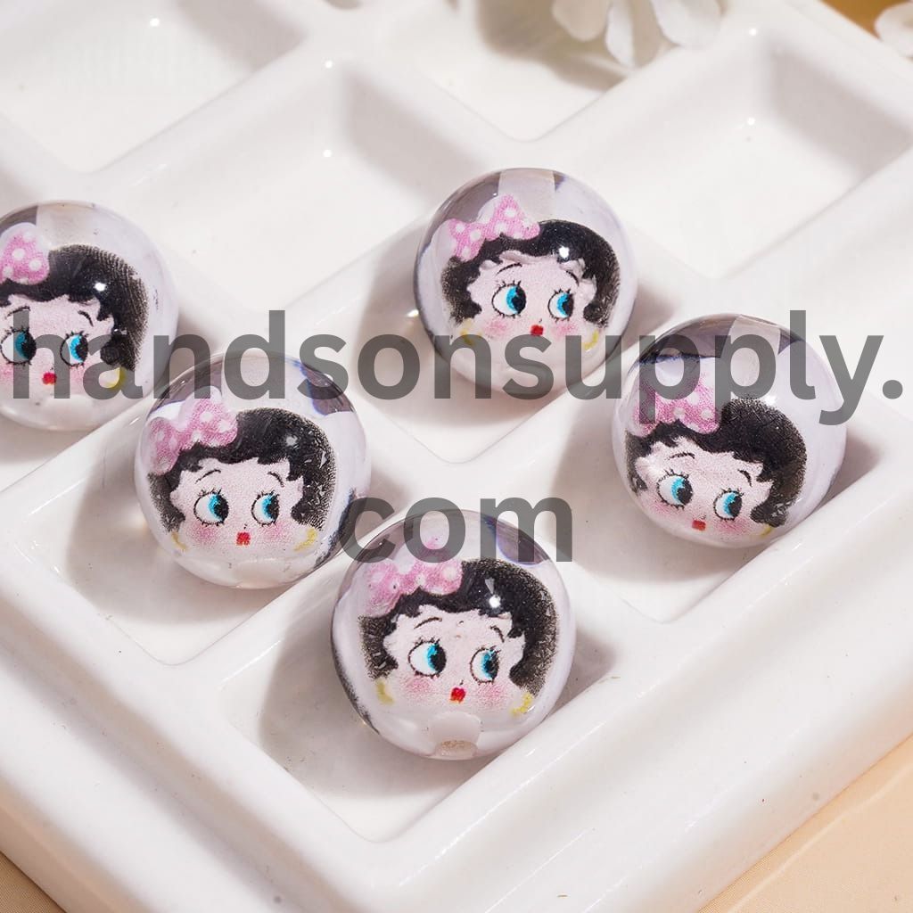 Embedded Old Girl Character Wearing Bowtie Design Inside Round Acrylic Beads 16mm