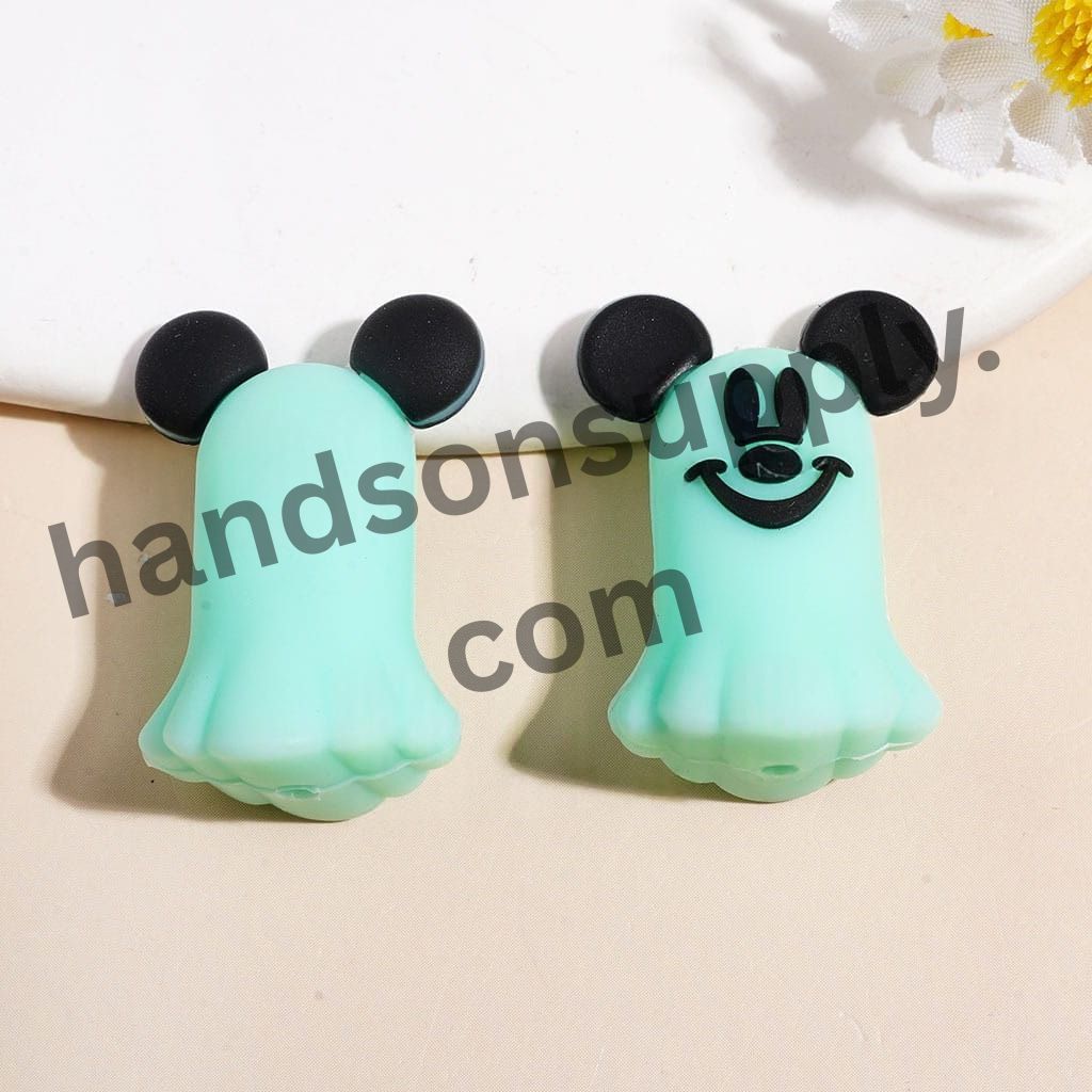 Cute Classic Mouse Character Inspired Faces with Round Ears Ghost Halloween Silicone Focal Beads, 21*30MM, Multi-Color Random Mix
