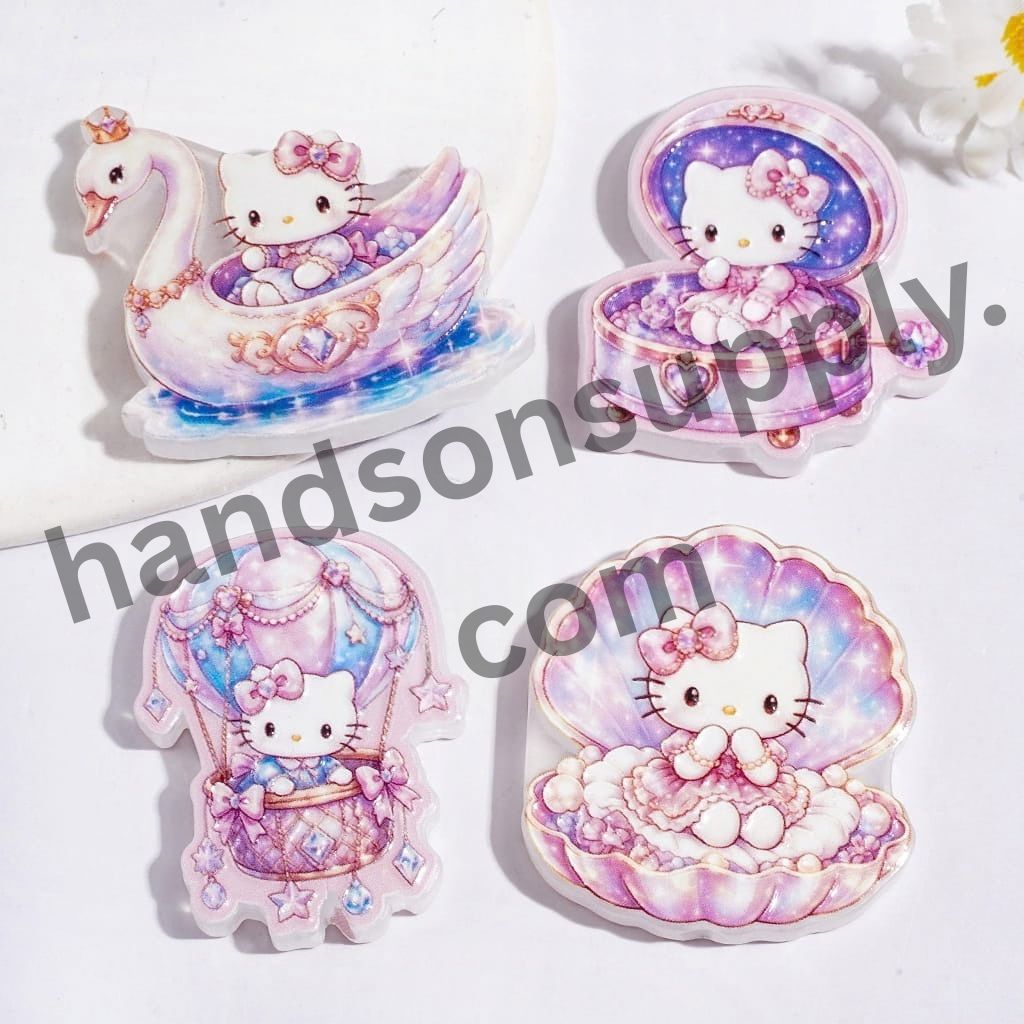 Whimsical Pink & Purple Cat Character Series Sitting in Goose & Hot Air Balloon with Music Box & Shell Designs Acrylic Beads, Random Mix