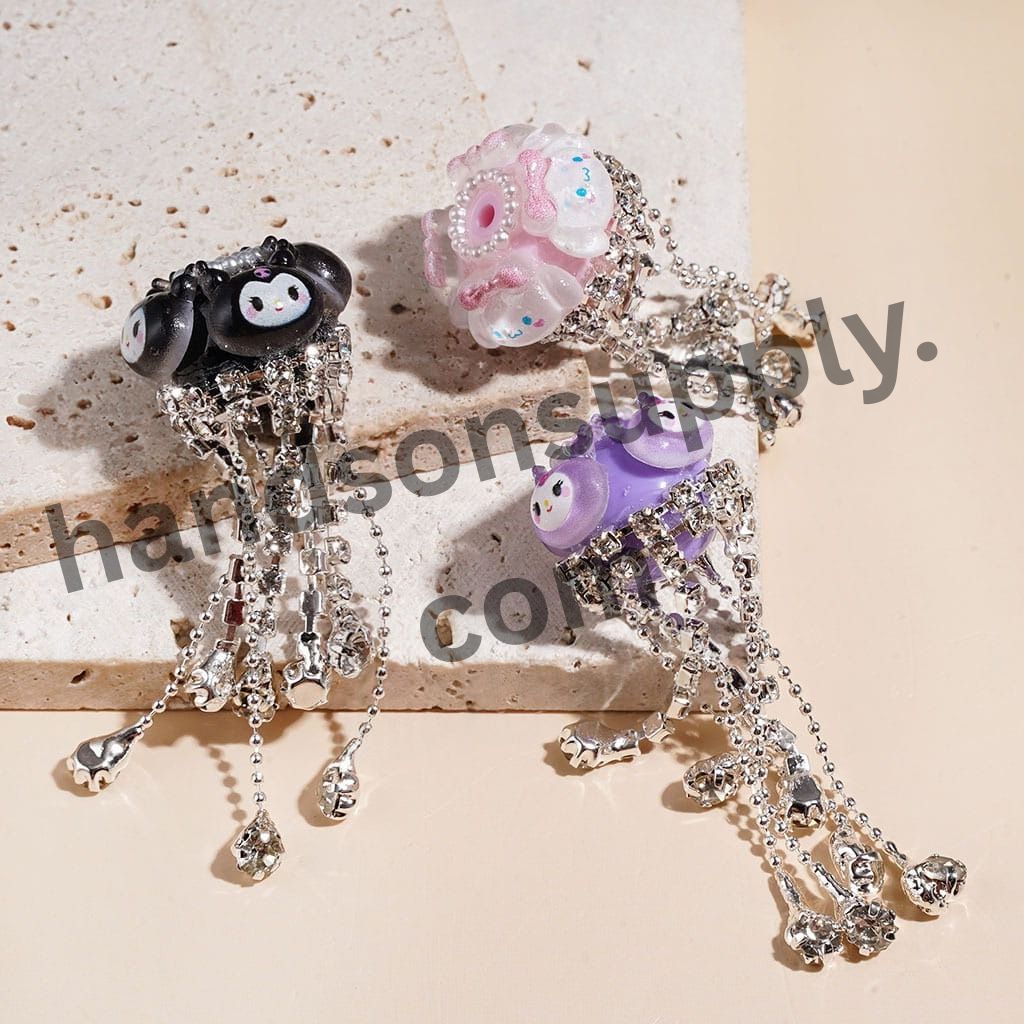 Adorable Character Decorations, Clear Rhinestone Tassel Chains & White Pearl Loop, Handcrafted Acrylic Beads, Random Mix